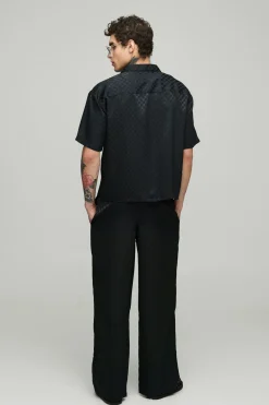 Ensemble Chemise Satin à Carreaux à Manches Courtes Surdimensionnée & Pantalon à Jambes Larges