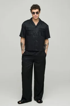 Ensemble Chemise Satin à Carreaux à Manches Courtes Surdimensionnée & Pantalon à Jambes Larges