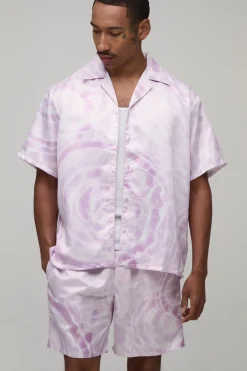 Ensemble Chemise Satinée À Manches Courtes Imprimé Aquatique Oversize Et Short