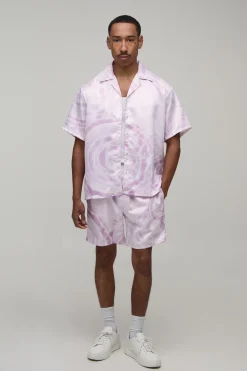 Ensemble Chemise Satinée À Manches Courtes Imprimé Aquatique Oversize Et Short