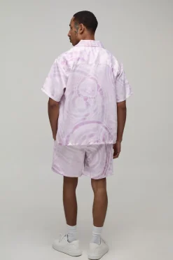Ensemble Chemise Satinée À Manches Courtes Imprimé Aquatique Oversize Et Short