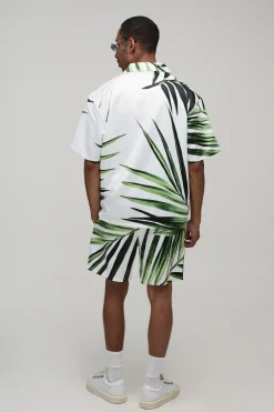Ensemble Chemise Satinée À Manches Courtes Imprimé Palmier Oversize Et Short