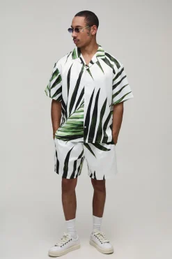 Ensemble Chemise Satinée À Manches Courtes Imprimé Palmier Oversize Et Short