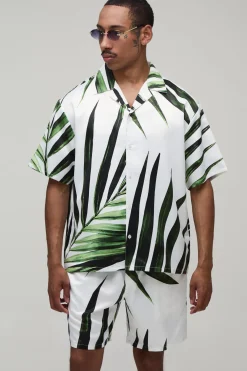 Ensemble Chemise Satinée À Manches Courtes Imprimé Palmier Oversize Et Short