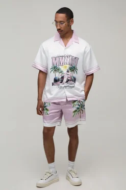 Ensemble Chemise Satinée Oversize À Manches Courtes Imprimé Moto Et Short Assorti