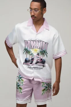 Ensemble Chemise Satinée Oversize À Manches Courtes Imprimé Moto Et Short Assorti