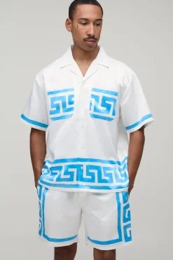 Ensemble Chemise Satinée Oversize À Manches Courtes Et Short À Imprimé Abstrait Bordé