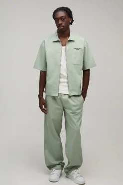 Ensemble Chemise Surdimensionnée En Sergé Brodé Avec Fermeture Éclair Et Pantalon Décontracté À Poche