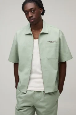 Ensemble Chemise Surdimensionnée En Sergé Brodé Avec Fermeture Éclair Et Pantalon Décontracté À Poche