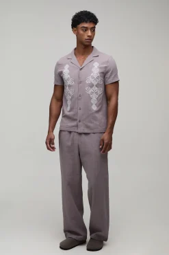 Ensemble Chemise Texturée Brodée Coupe Regular Et Pantalon Large