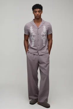 Ensemble Chemise Texturée Brodée Coupe Regular Et Pantalon Large
