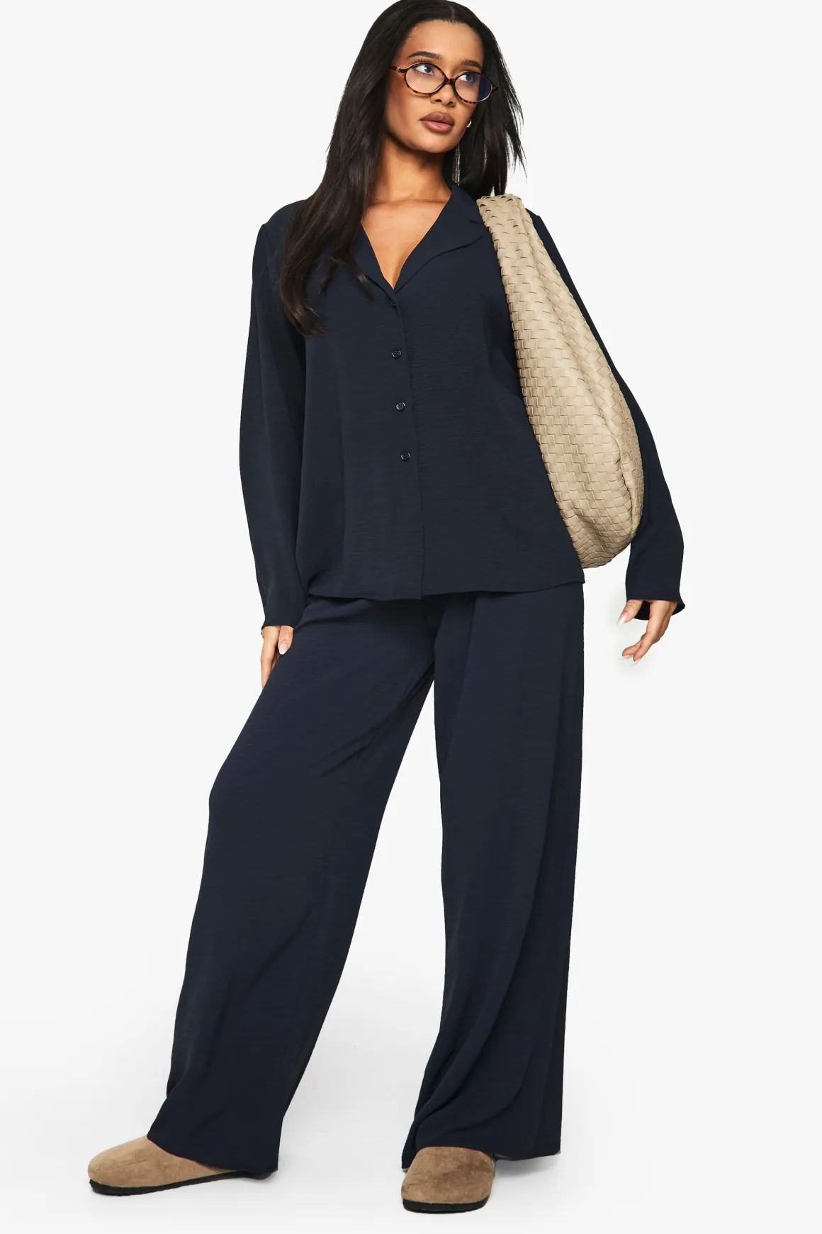 Ensemble coordonné avec chemise surdimensionnée tissée et pantalon à cordon de serrage