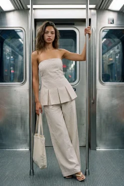 Ensemble Coordonné Bandeau Et Pantalon Large À Rayures Effet Lin