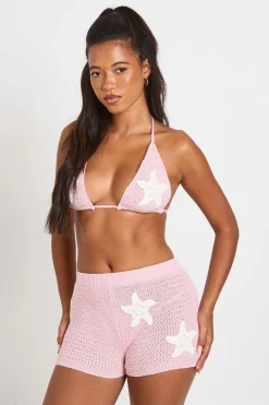 boohoo Ensemble Coordonné Bikini Et Micro Short Tricot Crochet Appliqué Étoile De Mer<Femme Tenues De Plage|Pulls Et Gilets