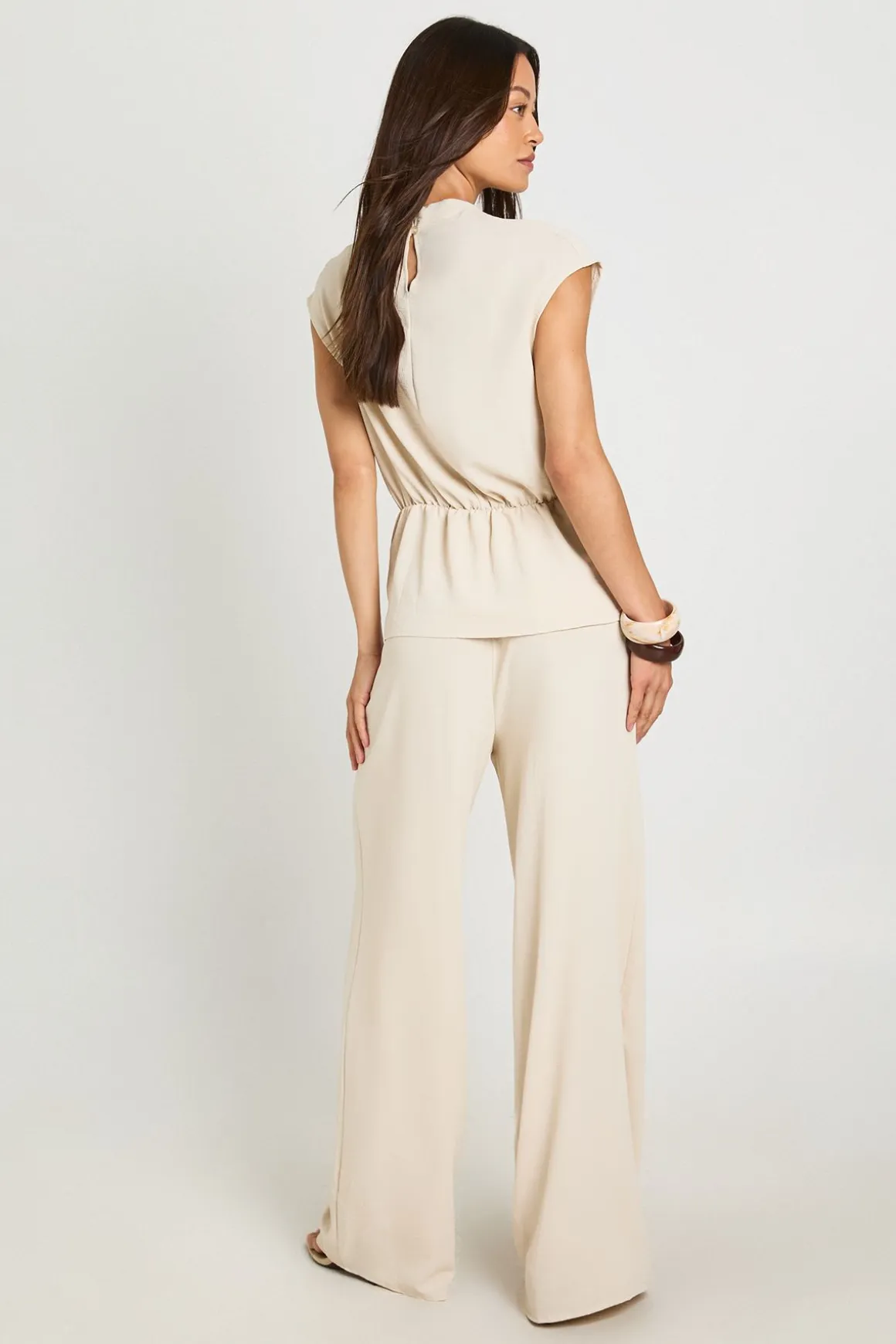 Ensemble Coordonné Blouse Col Bénitier À Nœud Martelé Et Pantalon Large Jambe Longue