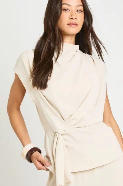 Ensemble Coordonné Blouse Col Bénitier À Nœud Martelé Et Pantalon Large Jambe Longue
