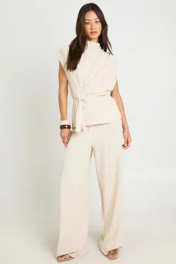 Ensemble Coordonné Blouse Col Bénitier À Nœud Martelé Et Pantalon Large Jambe Longue