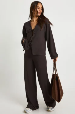 Ensemble Coordonné Blouse Côtelée à Nœud et Pantalon