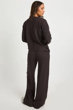 Ensemble Coordonné Blouse Côtelée à Nœud et Pantalon
