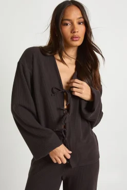 Ensemble Coordonné Blouse Côtelée à Nœud et Pantalon