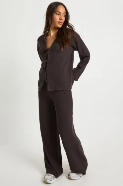 Ensemble Coordonné Blouse Côtelée à Nœud et Pantalon