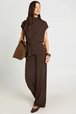 Ensemble Coordonné Blouse Drapée Et Pantalon Tissé Pour Grande Taille