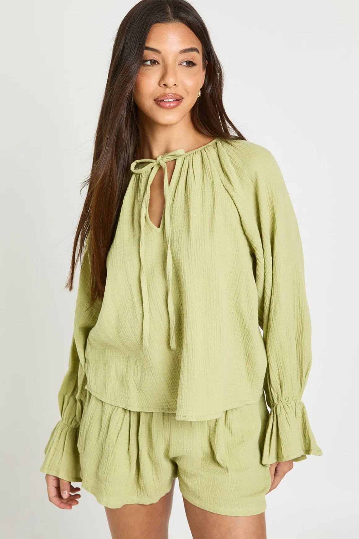 Ensemble Coordonné Blouse Paysanne Et Short En Gaze De Coton