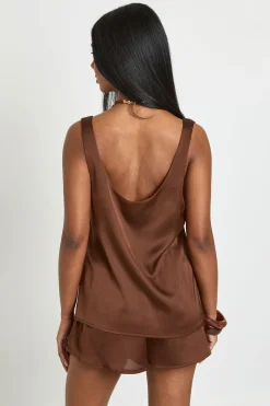 boohoo Ensemble Coordonné Caraco Col Rond Et Short Fluide En Satin<Femme Looks Chocolat|Satin Et Dentelle