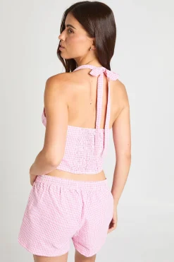 Ensemble Coordonné Caraco Col V Et Short Évasé À Carreaux Vichy