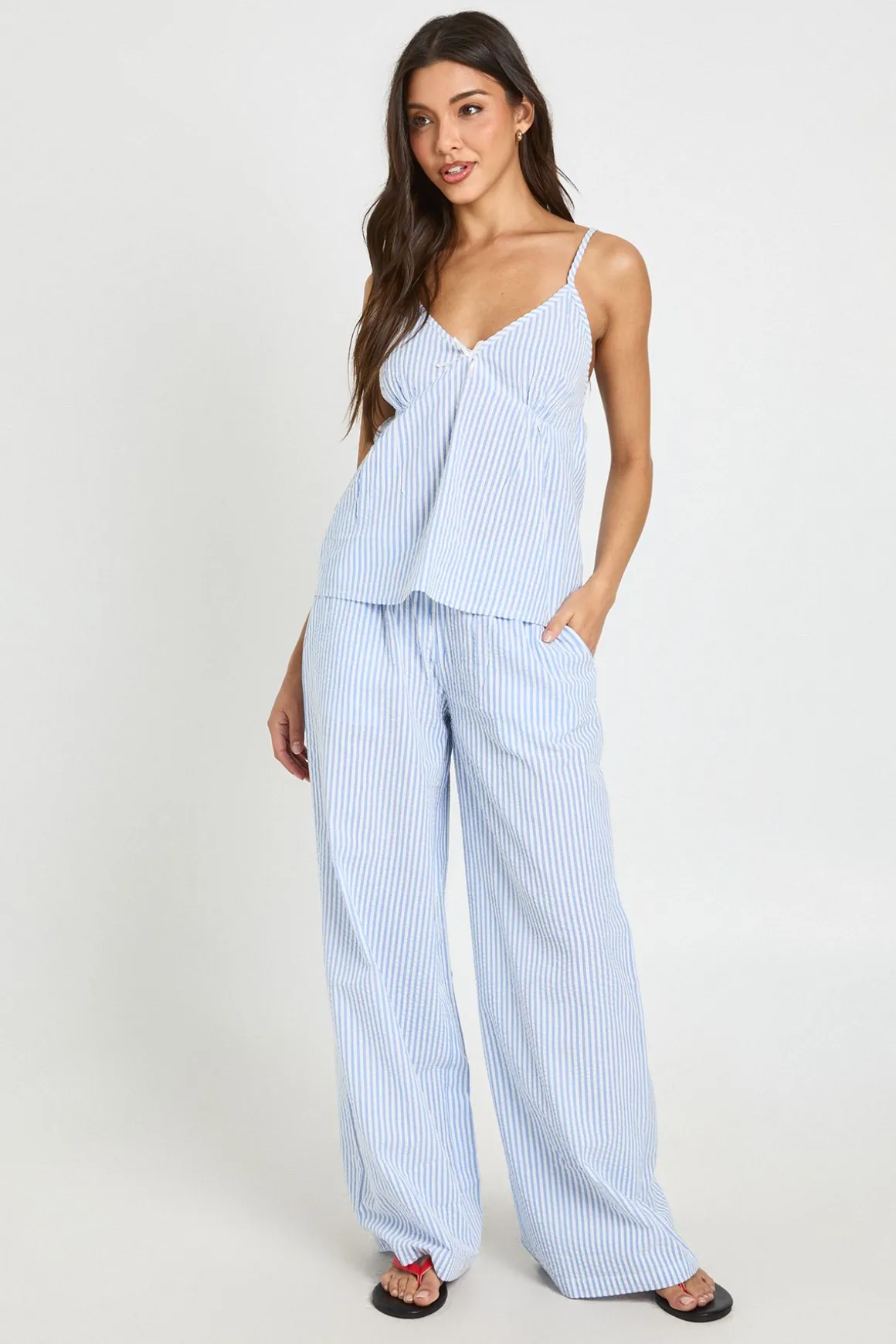 Ensemble Coordonné Caraco À Détail Nœud Rayé Et Pantalon Large
