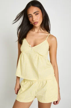 boohoo Ensemble Coordonné Caraco Et Short À Volants À Carreaux Vichy Avec Détail Nœud<Femme Ensembles