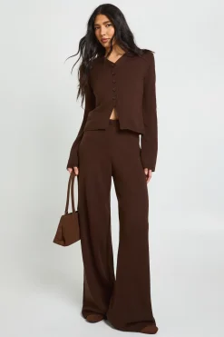 Ensemble Coordonné Cardigan Boutonné Col Montant Et Pantalon Droit En Maille Pour Grandes Tailles
