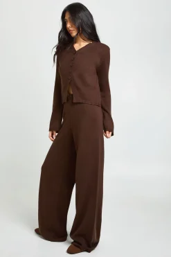 Ensemble Coordonné Cardigan Boutonné Col Montant Et Pantalon Droit En Maille Pour Grandes Tailles