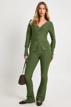 Ensemble Coordonné Cardigan Côtelé Taille Froncée Et Pantalon Évasé Premium