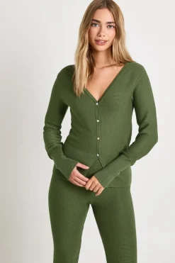 Ensemble Coordonné Cardigan Côtelé Taille Froncée Et Pantalon Évasé Premium