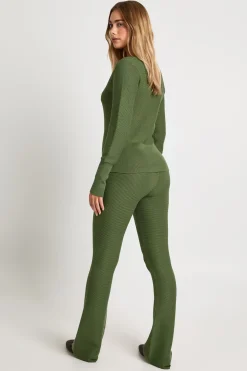 Ensemble Coordonné Cardigan Côtelé Taille Froncée Et Pantalon Évasé Premium