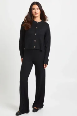 Ensemble Coordonné Cardigan Col Rond En Maille Douce Et Pantalon Jambes Larges