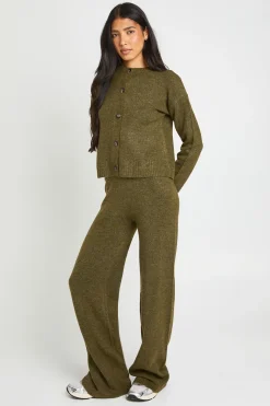 Ensemble Coordonné Cardigan Long Col Rond Maille Douce Tricotée Et Pantalon Large