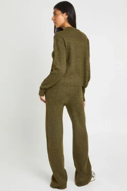 Ensemble Coordonné Cardigan Long Col Rond Maille Douce Tricotée Et Pantalon Large
