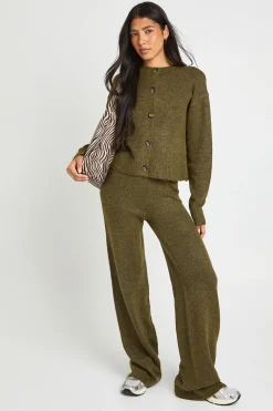 Ensemble Coordonné Cardigan Long Col Rond Maille Douce Tricotée Et Pantalon Large