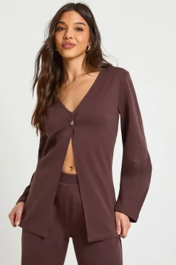 Ensemble Coordonné Cardigan à Manches Bouffantes avec Détails Boutonnés et Pantalon en Maille Interlock