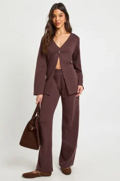 Ensemble Coordonné Cardigan à Manches Bouffantes avec Détails Boutonnés et Pantalon en Maille Interlock