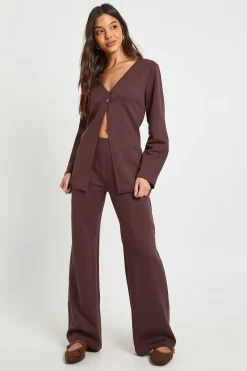 Ensemble Coordonné Cardigan à Manches Bouffantes avec Détails Boutonnés et Pantalon en Maille Interlock