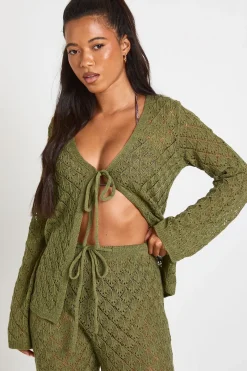 Ensemble Coordonné Cardigan À Nouer Au Crochet Et Pantalon Large
