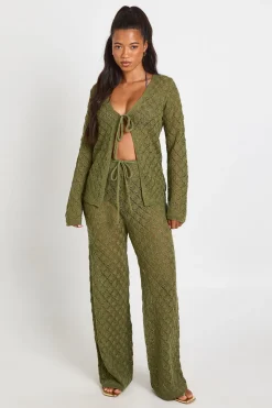 Ensemble Coordonné Cardigan À Nouer Au Crochet Et Pantalon Large