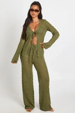 Ensemble Coordonné Cardigan À Nouer Au Crochet Et Pantalon Large