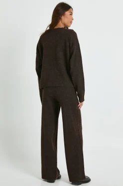 boohoo Ensemble coordonné : cardigan tricoté à col rond à coupe boxy et pantalon à jambes larges<Femme Looks Chocolat|Pulls Et Gilets