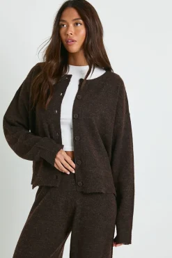 boohoo Ensemble coordonné : cardigan tricoté à col rond à coupe boxy et pantalon à jambes larges<Femme Looks Chocolat|Pulls Et Gilets