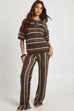 Ensemble Coordonné Chemise Boutonnée Et Pantalon Large À Rayures En Crochet Pour La Plage