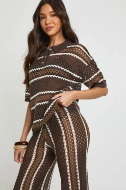 Ensemble Coordonné Chemise Boutonnée Et Pantalon Large À Rayures En Crochet Pour La Plage